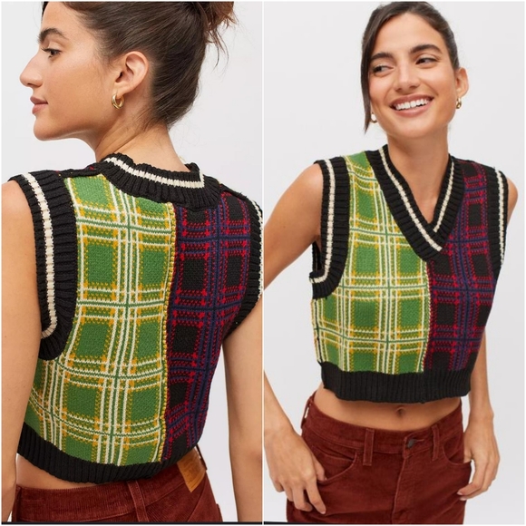 NEW! Trendy Threads Mixed Plaid Print V-Neck Knit Sweater Vest in Size Medium - Picture 1 of 8